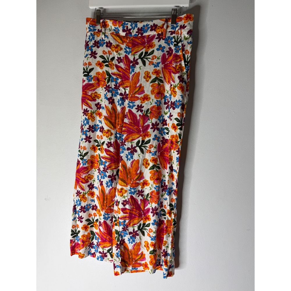 Joie wide leg floral pull on linen blend pants pink orange size M